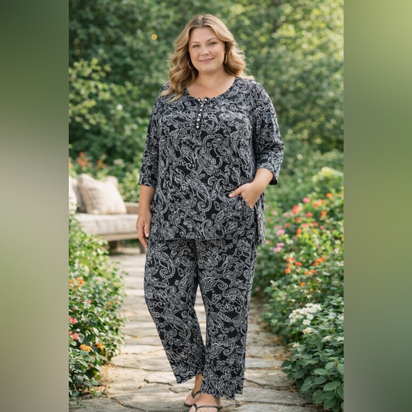 Roaman's Tops - Roaman's Black Paisley 3/4 Sleeve Henley & Pant Set Size 3X (Fits 30W/32W)